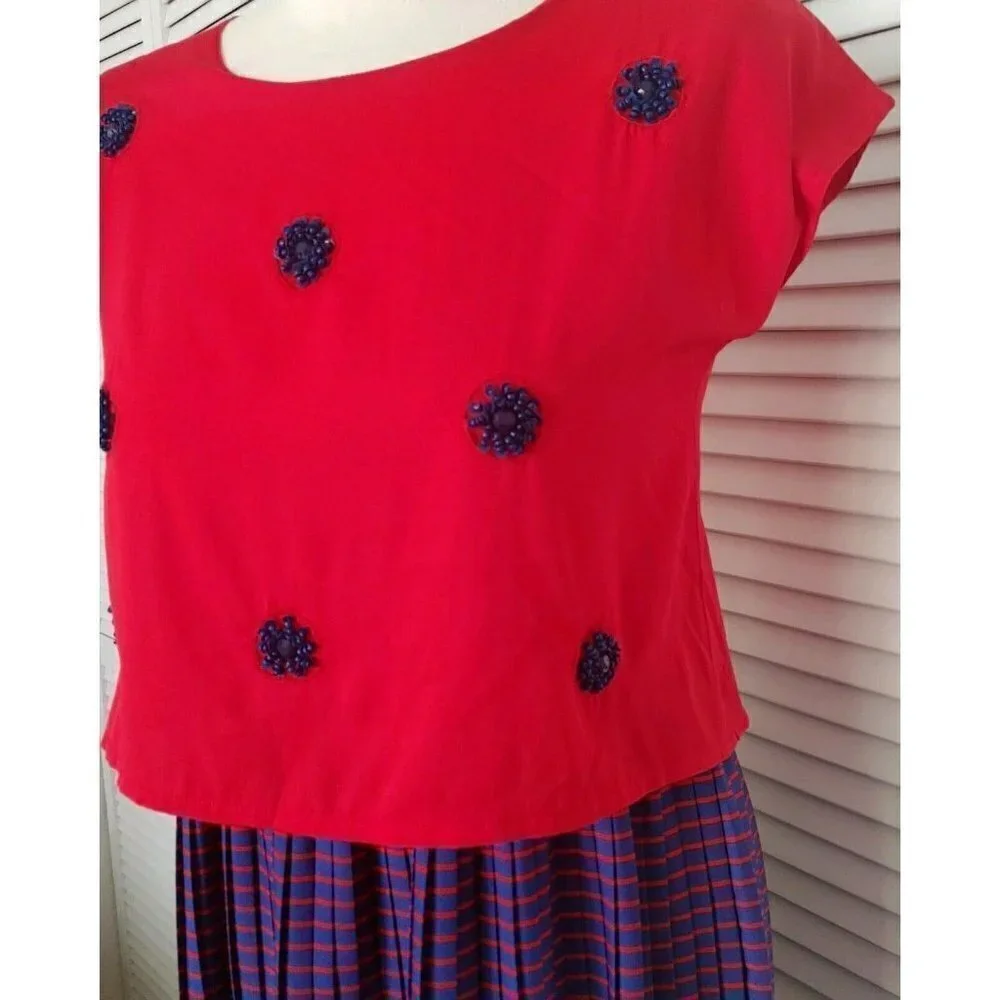 NWT Little Marc Jacobs Red and Purple Crepe Medi Dress Beaded Flowers Size 12+